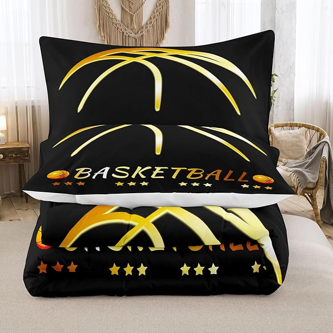 NINENINE Black and Gold Basketball Comforter Set for Boys Kids Teens Twin Size Sports Bedding Set Soft Microfiber Quilt Bed Set with 1 Comforter 1Pillowcase - LeafyLoom