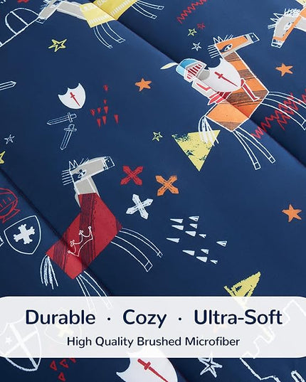 SLEEP ZONE 7 Pieces Kids Comforter Bed in A Bag, Soft Lightweight, Fluffy & Durable Children Bed Set with Comforter, Sheet, Pillowcase & Sham (Knight‘s Tale, Full/Queen) - LeafyLoom