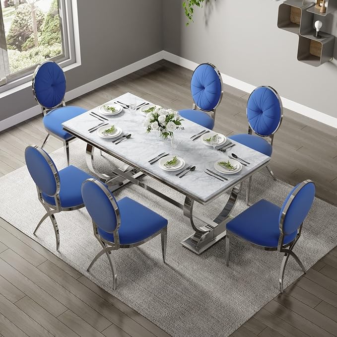 ACEDÉCOR Blue Dining Room Chairs, Blue Velvet Dining Chair with Mirrored Silver X-Shaped Stainless Steel Legs, Mid Century Modern Upholstered Dining Chairs for Dining Room, Kitchen, Living Room - LeafyLoom