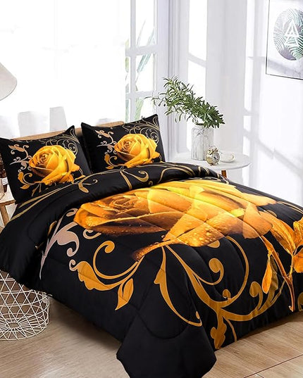 WONGS BEDDING Yellow Comforter Set King Reversible Yellow Rose Pattern Printed Bedding Comforter Set with 2 Pillowcases for All Seasons, Soft Microfiber Filling Bedding Set 103"x90" - LeafyLoom