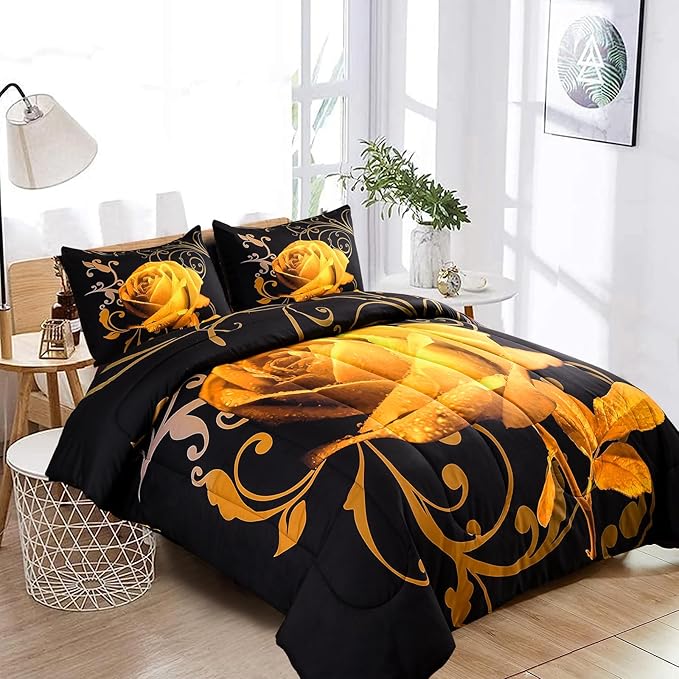 WONGS BEDDING Yellow Comforter Set King Reversible Yellow Rose Pattern Printed Bedding Comforter Set with 2 Pillowcases for All Seasons, Soft Microfiber Filling Bedding Set 103"x90" - LeafyLoom