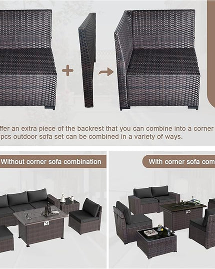 Patio Furniture Sectional Sofa Set 7-Pieces PE Rattan Patio Conversation Set w/43in Gas Fire Pit Table, Outdoor Furniture with 55000 BTU Propane Fire Pit, Black - LeafyLoom