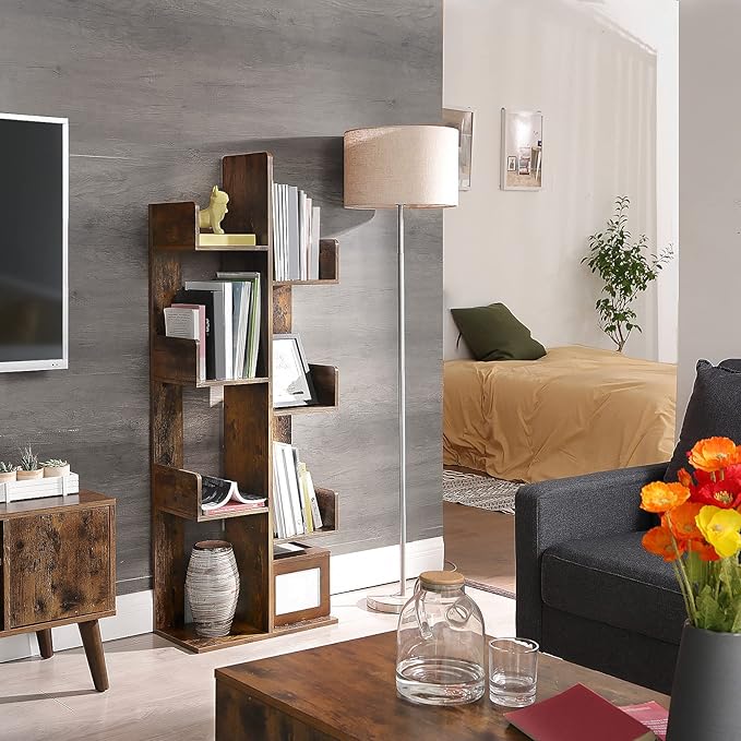 VASAGLE Bookcase, Tree-Shaped Bookshelf with 8 Storage Shelves, Rounded Corners, 19.7 x 9.8 x 55.1 Inches, Rustic Brown ULBC66BXV1 - LeafyLoom
