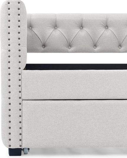 Twin Size Upholstered Daybed with Trundle, Bedroom Wooden Sofa Bed Frame w/Button Tufted and Copper Nail on Square Arms, No Spring Box Need, for Dorm, Beige (85"x42.5"x31.5") - LeafyLoom