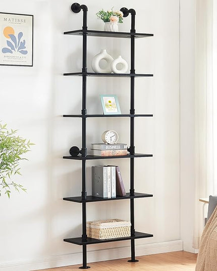 HOMBAZAAR Industrial Bookshelf, 6-Tier Industrial Pipe Bookshelf, Wall Mounted Ladder Shelf with Metal Frame for Home Office, Living Room, Black - LeafyLoom