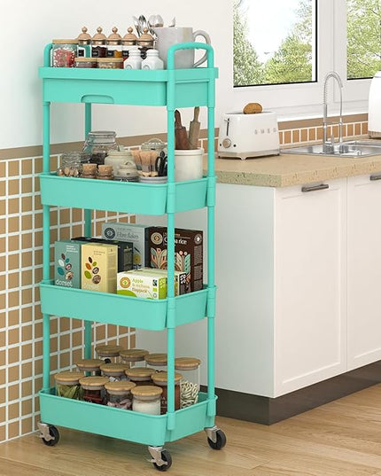 4-Tier Rolling Cart，Trolley with Drawer, Kitchen Storage Organizer with Plastic Shelf & Metal Wheels, Storage Cart for Living Room, Kitchen, Office, Bathroom, Green - LeafyLoom