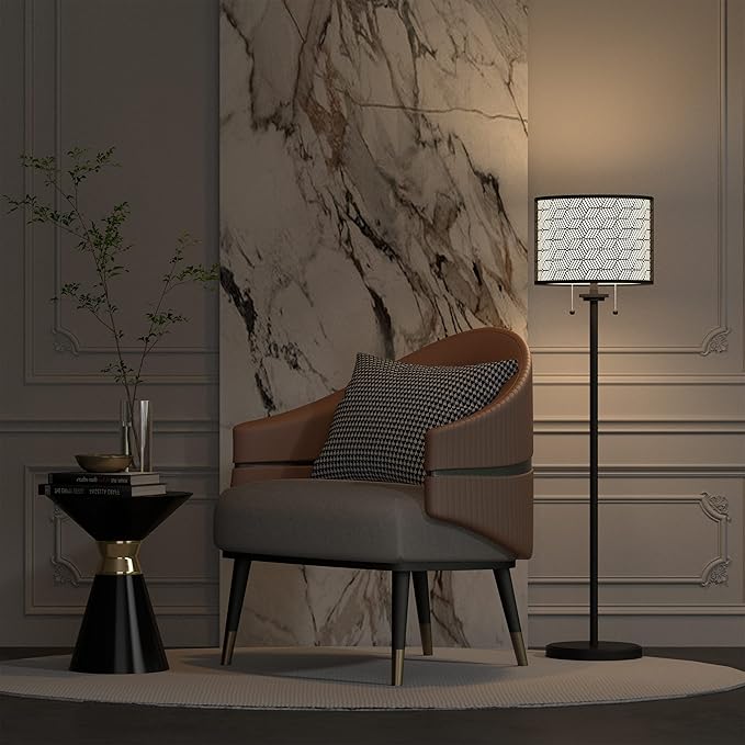Inlight 59" High Double Shade Pull Chain Modern Floor Lamp for Living Room, Black Metal Frame and White Fabric Shade, Bulb Not Included, IN-0857-2-BK - LeafyLoom