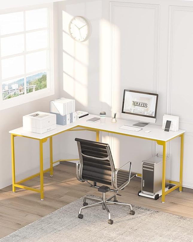 Teraves Modern L-Shaped Desk 66'' Corner Computer Desk Home Office Study Workstation Wood & Steel PC Laptop Gaming Table - LeafyLoom