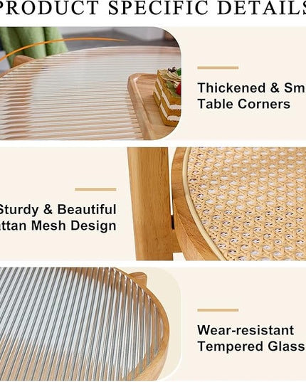 NicBex Dining Table Round Kitchen Table Contemporary Modern Minimalist Circular Double-Layer Solid Wood Coffee Table, Craft Glass Tabletop, Rattan, Solid Wood Frame, Natural Wood - LeafyLoom