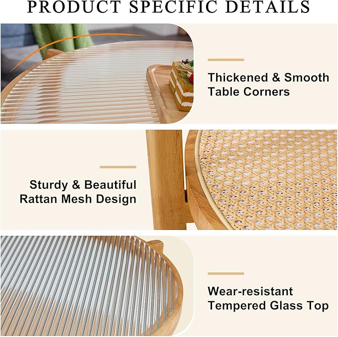 NicBex Dining Table Round Kitchen Table Contemporary Modern Minimalist Circular Double-Layer Solid Wood Coffee Table, Craft Glass Tabletop, Rattan, Solid Wood Frame, Natural Wood - LeafyLoom