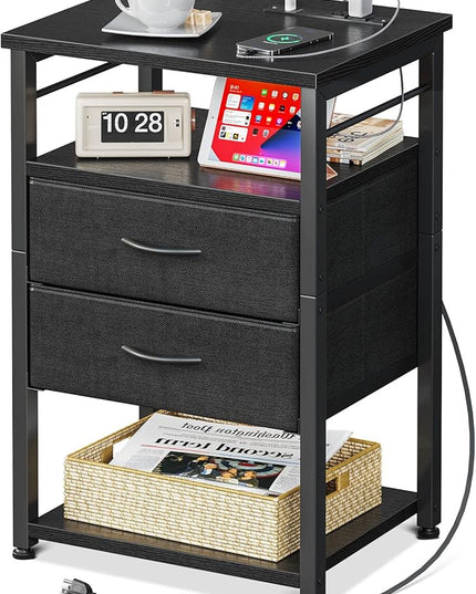 AODK Night Stand with Charging Station, End Table for Bedroom Tall Nightstand with Drawers, Small Nightstand for Bedroom, 4-Tier Storage Bedside Table, Black - LeafyLoom