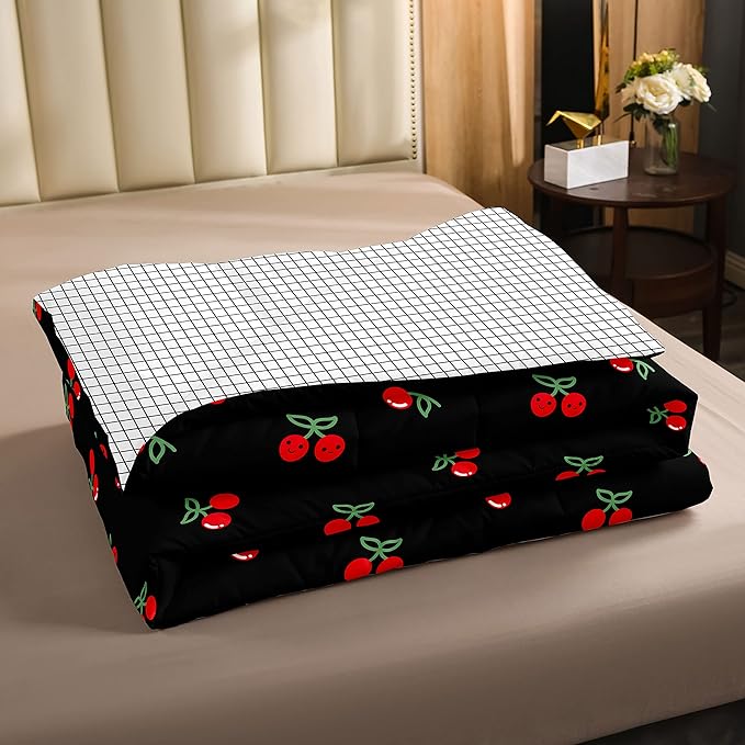 Erosebridal Red Cherry Bedding Set for Kids, Fruit Kawaii Comforter Set King, Cute Cherry Cartoon Quilted Duvet for Boys Girls Women Bedroom Decor, Reversible Luxury Cherry Quilted Comforter, Black - LeafyLoom