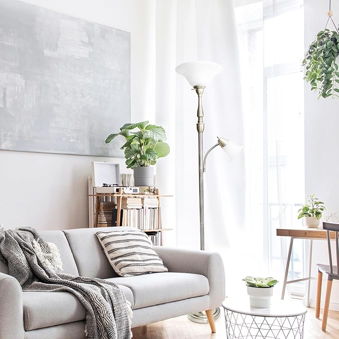 Elegant Designs LF2003-ABS 2 Light Mother Daughter White Marble Glass Floor Lamp, Antique Brass - LeafyLoom