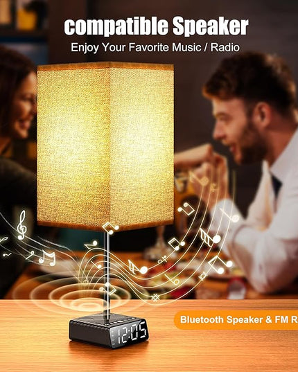 Table Lamp with Alarm Clock Base,Yostyle Bedside Lamp,2 USB & 1 AC Power Outlets, FM Radio & Speaker 6Ft Extension Cord - Square Oatmeal Fabric Lampshade,Touch Control Ideal for Bedrooms Living Rooms - LeafyLoom