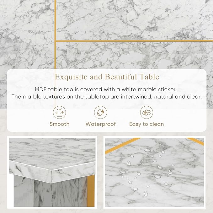 60 Inch Dining Table Set for 6, Modern Dining Room Table Set with Artificial Marble Sticker Tabletop and 6 Upholstered Linen Chair with Golden Steel Legs for Living Room, White+Gold - LeafyLoom