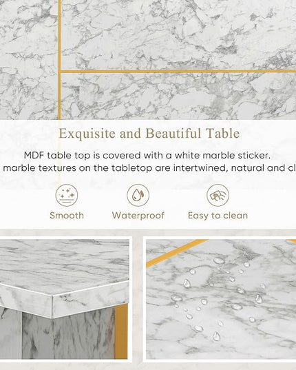 7-Piece Modern Dining Table Set, Artificial Marble Sticker Tabletop and 6 Upholstered Linen Chairs All with Golden Steel Legs for Dinette Room and Kitchen (White+Gold), 60" L x 36" W x 30" H - LeafyLoom