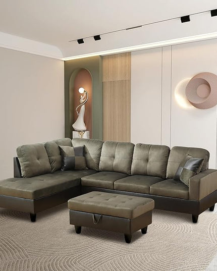 L Shaped Sofa with Ottoman Modern Sectional Living Room, Bedroom, Office, L Couch Taupe - LeafyLoom
