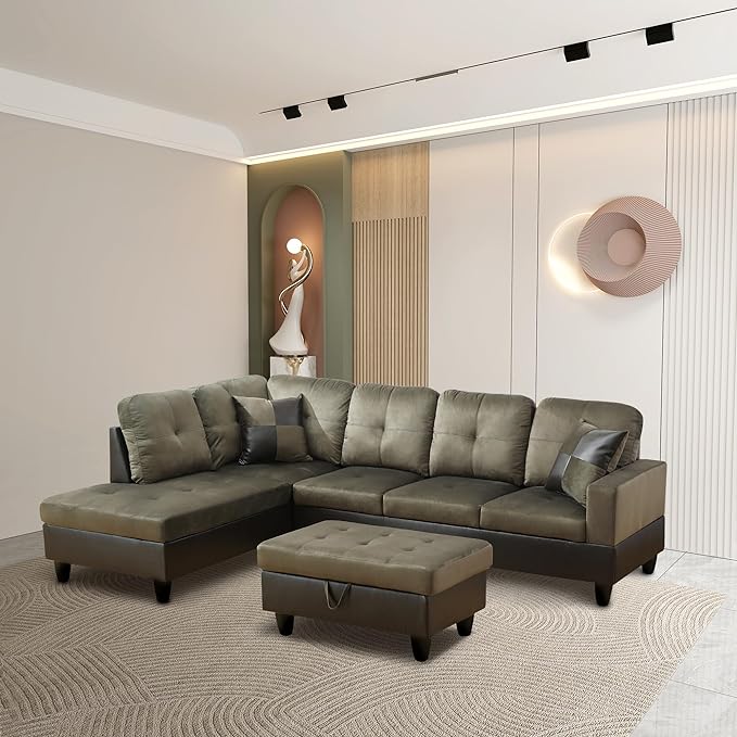 L Shaped Sofa with Ottoman Modern Sectional Living Room, Bedroom, Office, L Couch Taupe - LeafyLoom