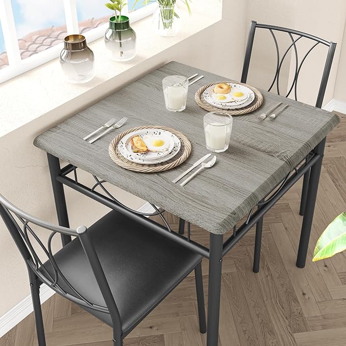 GAOMON Dining Table Set for 2, Kitchen Table and Chairs for 2, Dining Room Table Set with 2 Upholstered Chairs, Square Kitchen Table Set for Small Space, Apartment, Studio, Rustic Gray - LeafyLoom