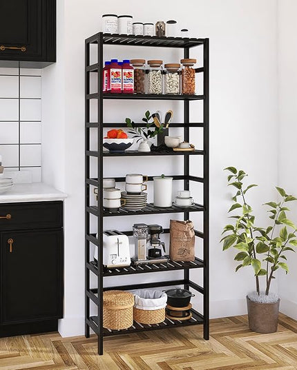Bamboo Bookshelf, 6-Tier Tall Open Bookcase with Adjustable Shelves, Floor Standing Storage Shelf Unit for Living Room Bathroom Home Office, Black - LeafyLoom