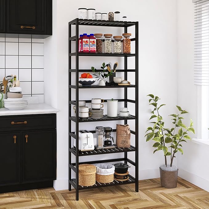 Bamboo Bookshelf, 6-Tier Tall Open Bookcase with Adjustable Shelves, Floor Standing Storage Shelf Unit for Living Room Bathroom Home Office, Black - LeafyLoom