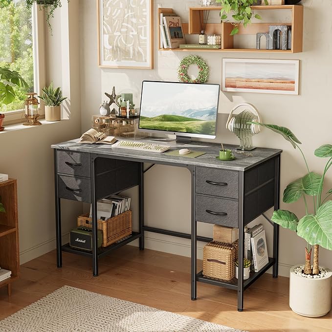 47 Inch Computer Desk with 4 Drawers, Office Desk with Mesh Shelf, Gaming Desk, Large Storage, Writing Desk Work Desk for Home Office, Study, Bedroom, Work from Home, Grey - LeafyLoom