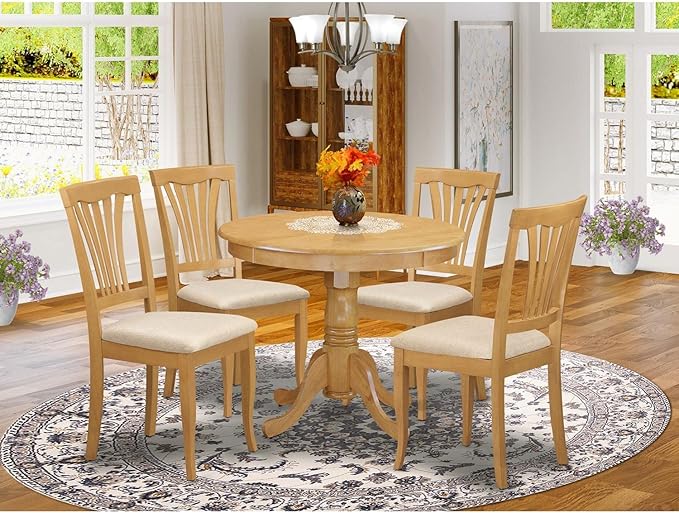 East West Furniture ANAV5-OAK-C 5 Piece Kitchen Set for 4 Includes a Round Table with Pedestal and 4 Linen Fabric Dining Room Chairs, 36x36 Inch - LeafyLoom