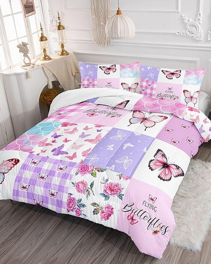 Datura home Kids Comforter Set Mermaid Scale Butterfly Printed Pattern Bedding Set with 1 Comforter and 2 Pillowcases for Girls Boys Bedroom All Season(Mermaid1 Full) - LeafyLoom