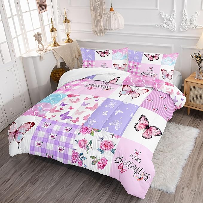 Datura home Kids Comforter Set Mermaid Scale Butterfly Printed Pattern Bedding Set with 1 Comforter and 2 Pillowcases for Girls Boys Bedroom All Season(Mermaid1 Full) - LeafyLoom
