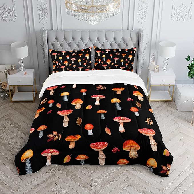 Colorful Mushroom Comforter Set Twin Size Kids Mushroom Bedding Set Leaves Quilt Bed Set for Boys Girls Adults with 1 Comforter and 2 Pillowcases - LeafyLoom
