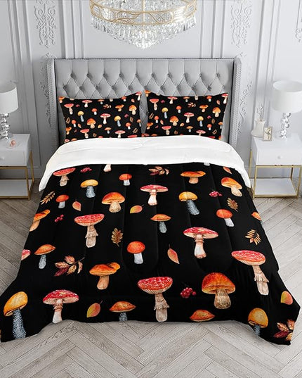 Colorful Mushroom Comforter Set Full Size Kids Mushroom Bedding Set Leaves Quilt Bed Set for Boys Girls Adults with 1 Comforter and 2 Pillowcases - LeafyLoom