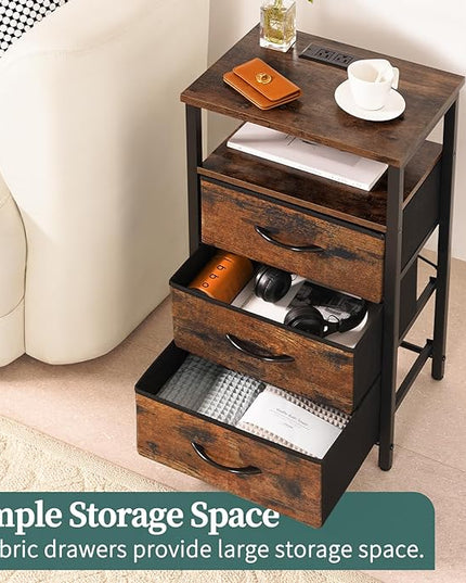 Yoobure Night Stand with Charging Station, 16 Colors LED Nightstand with USB Ports and Outlets, End Table with 3 Fabric Drawers and Storage Shelf, Bedside Tables Small Dresser for Small Space Brown - LeafyLoom