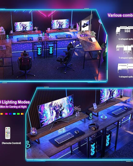 L Shaped Computer Desk, Reversible Office Desk with Magic Power Outlet and Smart LED Light, Sturdy Corner Desk with Monitor Stand, Cool Gaming Table, Attractive Grid Design, Rustic Brown - LeafyLoom