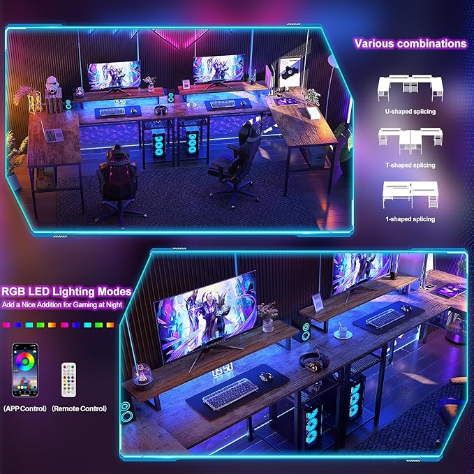 L Shaped Computer Desk, Reversible Office Desk with Magic Power Outlet and Smart LED Light, Sturdy Corner Desk with Monitor Stand, Cool Gaming Table, Attractive Grid Design, Rustic Brown - LeafyLoom