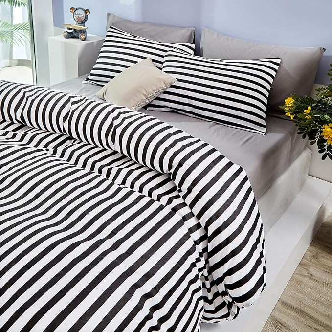 White and Black Stripes Comforter Set King Women Bedding Set Soft Durable White Striated Bedding Set Black Stripes Ticking Quilts Hotel Quality Comforter Set Girls White Black Stripes Bed Set - LeafyLoom