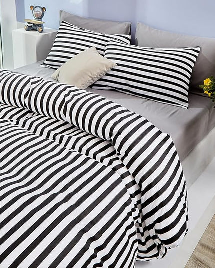 White and Black Striped Comforter Set Full/Queen Soft Durable Striated Bedding Set Ticking Quilts for Girls Boys Hotel Quality - LeafyLoom