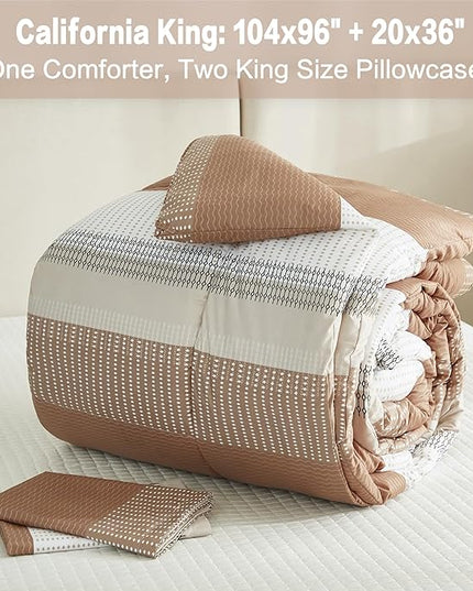 Litanika Beige California King Comforter Set, 3 Pieces Cal King Lightweight Taupe Khaki White Colorblock Stripe Bedding Comforter Sets, Fluffy Bed Set - LeafyLoom