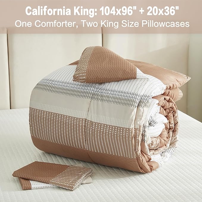 Litanika Beige California King Comforter Set, 3 Pieces Cal King Lightweight Taupe Khaki White Colorblock Stripe Bedding Comforter Sets, Fluffy Bed Set - LeafyLoom