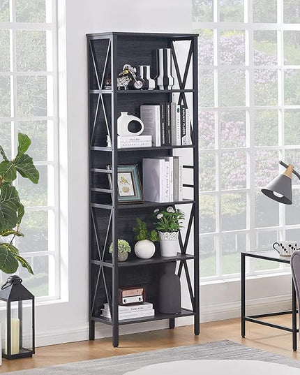 HOMISSUE Bookshelf, 6-Tier Bookshelf, Rustic Wood Metal Bookshelves and Bookcases, Freestanding Open Book Shelf, Industrial Tall Bookcase for Home Office, Living Room and Bedroom, Vintage Grey - LeafyLoom