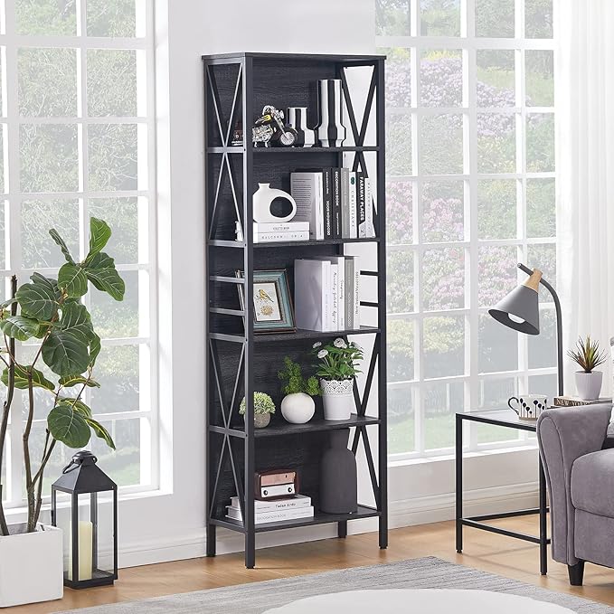 HOMISSUE Bookshelf, 6-Tier Bookshelf, Rustic Wood Metal Bookshelves and Bookcases, Freestanding Open Book Shelf, Industrial Tall Bookcase for Home Office, Living Room and Bedroom, Vintage Grey - LeafyLoom