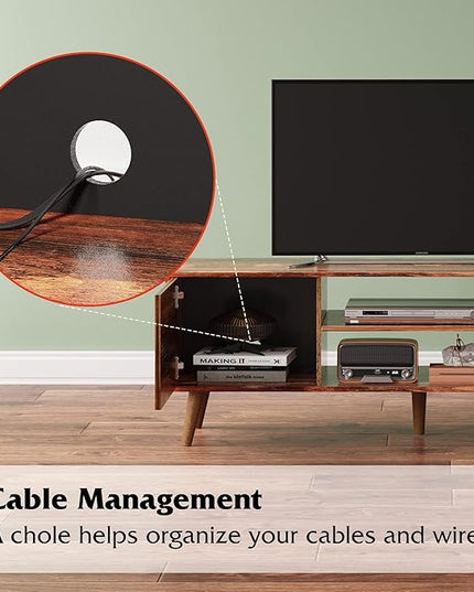 WLIVE TV Stand for 55 60 inch TV, Mid Century Modern TV Console, Entertainment Center with Storage for Living Room, Retro Brown - LeafyLoom