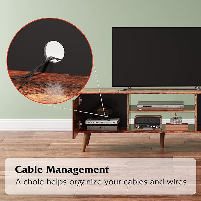 WLIVE TV Stand for 55 60 inch TV, Mid Century Modern TV Console, Entertainment Center with Storage for Living Room, Retro Brown - LeafyLoom