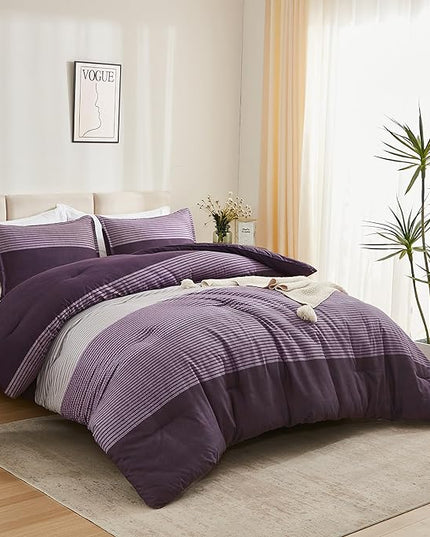 Litanika Purple King Comforter Set, 3 Pieces Striped Bedding Set, Lightweight Soft All Season Down Alternative Comforter Set with Corner Loops (1 Gray&Purple Comforter, 2 Pillowcases) - LeafyLoom