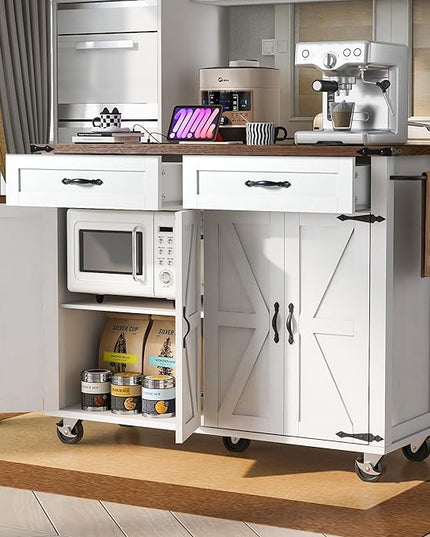 53.5'' Farmhouse Kitchen Cart with Power Outlet & Drop Leaf, Portable Mobile Table w/Spice, Towel Rack and Drawers, Rolling Islands on Wheels, for Home, Dining Room, 53.5 Inch, White 14 - LeafyLoom