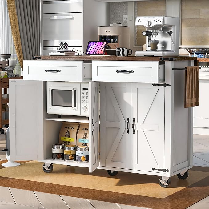53.5'' Farmhouse Kitchen Cart with Power Outlet & Drop Leaf, Portable Mobile Table w/Spice, Towel Rack and Drawers, Rolling Islands on Wheels, for Home, Dining Room, 53.5 Inch, White 14 - LeafyLoom