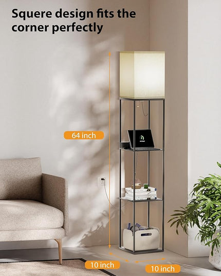 Evajoy Floor Lamp with Shelves, Smart RGB Floor Lamps Work with Alexa, with 2 USB Ports & 1 AC Output, Modern 4-Tier Lamp for Display Storage,Black - LeafyLoom