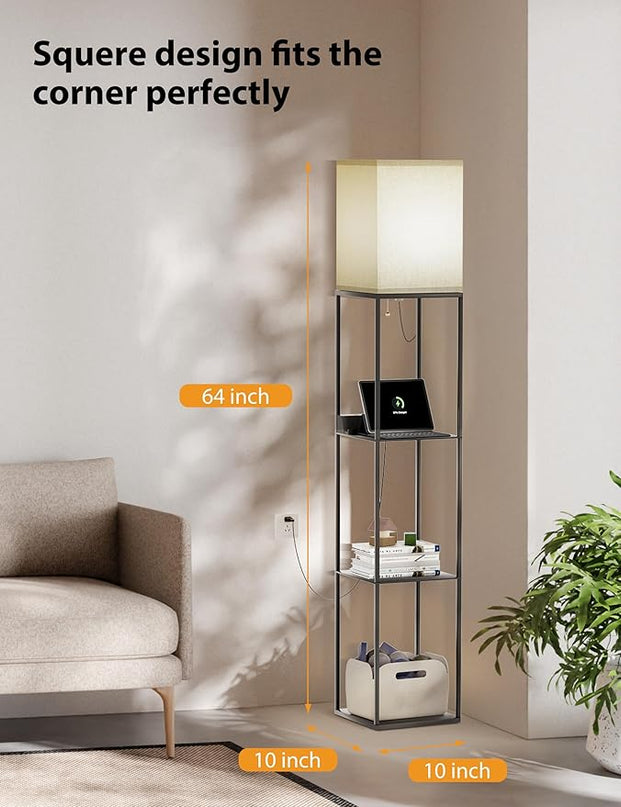Evajoy Floor Lamp with Shelves, Smart RGB Floor Lamps Work with Alexa, with 2 USB Ports & 1 AC Output, Modern 4-Tier Lamp for Display Storage,Black - LeafyLoom