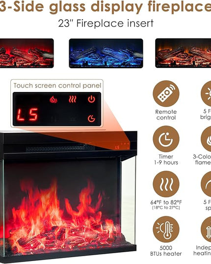 3-Sided Glass Fireplace TV Stand for TVs up to 80", Entertainment Center Electric Fireplace TV Stand with Rattan Drawers Boho Natural - LeafyLoom