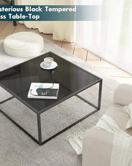 SAYGOER Black Glass Coffee Table Small Modern Coffee Tables 26.7in Square Tempered Glass-Top Accent Center Table for Living Room Home Office with Black Metal Frame Easy Assembly - LeafyLoom