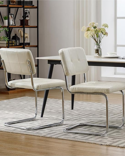 Forevich Mid Century Modern Dining Chairs Set of 2, Leather Kitchen Dining Room Side Chairs Upholstered Armless Accent Chairs with Metal Chrome Legs for Living Room, Bedroom White - LeafyLoom